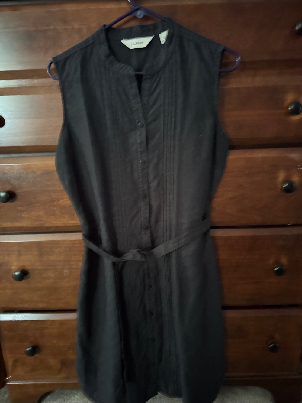 L.L. Bean Sleeveless Black Button-Front Dress with Tie Waist
